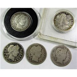 LOT of 5 BARBER QUARTERS; 1895-O, 1915-D