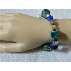 BRACELET - WITH DOVE, CROSS & "BELIEVE"  - GREEN & BLUE BEADS