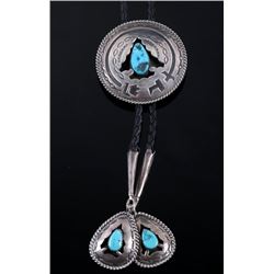 Navajo Signed Sterling Silver Turquoise Bolo Tie