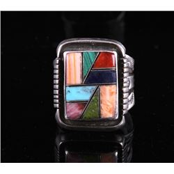 Zuni Signed Sterling Silver Mosaic Inlay Ring