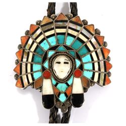 Zuni Mosaic Inlay Chief's Head Bolo Tie