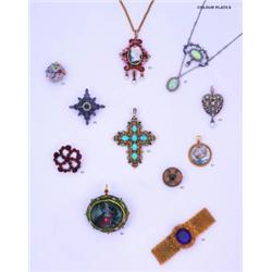 A MID 19TH CENTURY TURQUOISE AND ENAMEL PENDANT;the Latin cross set with six oval turquoise collets 