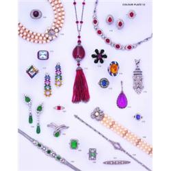 A PAIR OF DIAMOND AND GEM-SET EARPENDANTS AND RING;of interlocking openwork squares, each set with l