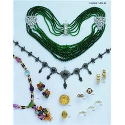 A FINE EMERALD BEAD AND DIAMOND NECKLACE;composed of six rows of graduated emerald beads set to the 
