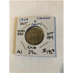 EXTREMELY RARE 1947 w/ Dot Canada 5 Cents AU High Grade