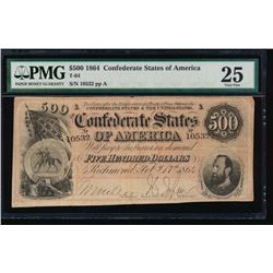1864 $500 Confederate States of America Note PMG 25
