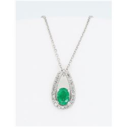 14KT White Gold Emerald and Diamond Pendant with Chain