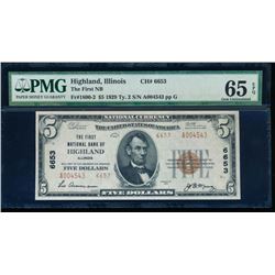 1929 $5 Highland National Bank Note PMG 65EPQ