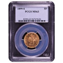 1899-S $5 Liberty Head Half Eagle Gold Coin PCGS MS63