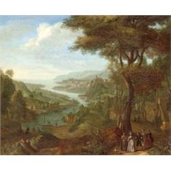 Griffier id., Jan (Amsterdam, 1645/46 - London, 1718) -nak tulajdonítva - Folyóparti táj beszélgetok