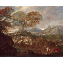 Német festo, 18. sz. - Sziklás táj parasztokkal