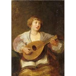 Közép - európai festo, 19. sz., flamand elokép után - Hölgy lanttal