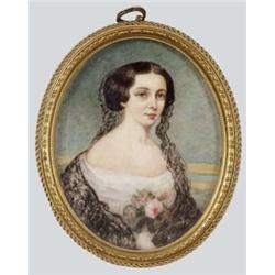 Osztrák festo, 1850 körül - Elokelo hölgy rózsacsokorral