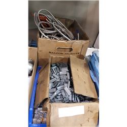 BOX OF BUNGEE CORDS AND LOT OF CLIPS AND HARDWARE