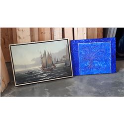 SIGNED OIL ON CANVAS "THE HARBOUR" AND BLUE ACRYIC TREE OF LIFE"