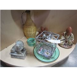 LOT OF EASTERN CERAMIC FIGURES, AND JADE LION, AND BANGLES WITH WICKER WRAPPED BOTTLE