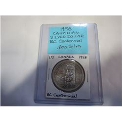 1958 CANADIAN SILVER DOLLAR .800 BC CENTENNIAL