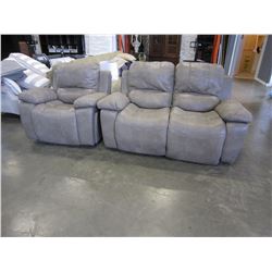 GREY DOUBLE RECLINING LOVESEAT AND CHAIR, VISIBLE WEAR,