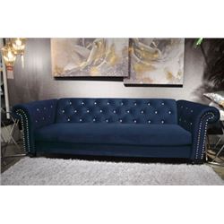 ASHLEY SIGNATURE BLUE VELVETY CLUB STYLE COUCH WITH TUFTED BACK AND NAIL HEAD ACCENTS, RETAIL $1999