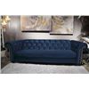 642  ASHLEY SIGNATURE BLUE VELVETY CLUB STYLE COUCH WITH TUFTED BACK AND NAIL HEAD ACCENTS, RETAIL 1999