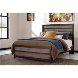 ASHLEY SIGNATURE QUEENSIZE MODERN PANEL BEDFRAME AND 2 DRAWER NIGHT STAND, RETAIL $1499