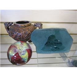 ETCHED GLASS, ART GLASS, AND VASE