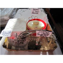 KITCHEN SCALE, CANNISTER SET, SILVER INLAY BOWL, AND GLASS PLATTER