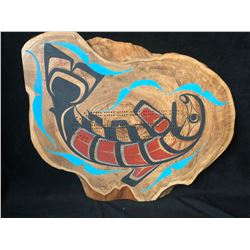 2015 HAND CARVED NATIVE CRIBBAGE BOARD "SALMON" BY BEN HOUSTIE (24" X 20")