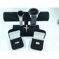 5 PCS TOTAL: 1-14KT YELLOW GOLD CRUCIFIX PENDANT WEIGHS 2.30 GRAMS, 3 DIMENSIONAL DESIGN,
