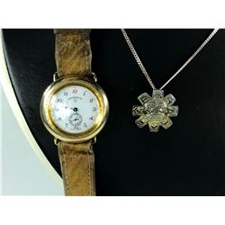 2 PCS TOTAL: 1-ONE MICRON YELLOW GOLD PLATED STERLING SILVER EBERHARD HERITAGE STYLE WATCH, BROWN