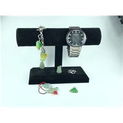 6 PCS TOTAL: 1-GENTS STAINLESS STEEL NIXON WATCH, 2- ONE WHITE BASE METAL BRACELET WITH 4 CARVED
