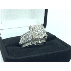 ONE LADIES 14KT WHITE GOLD DIAMOND SET DRESS RING, ROUND SHAPED HALO CLUSTER OF 23 ROUND BRILLIANT