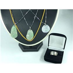 3 PCS TOTAL: 1- COLLECTION OF 3 CARVED JADE PENDANTS, WITH WHITE BASE METAL TOPS AND CHAINS, 2- ONE