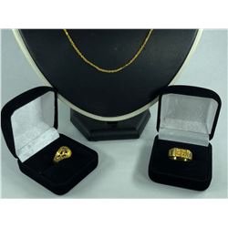 3 PCS TOTAL: 1- ONE 22KT YELLOW GOLD FANCY OVAL AND BAR LINK CHAIN, WEIGHS 12.80 GRAMS AND IS 50CM