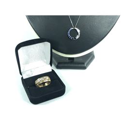 2 PCS TOTAL: 1- ONE 10KT YELLOW GOLD NATURAL BLUE SAPPHIRE AND DIAMOND SET PENDANT, SET WITH 11