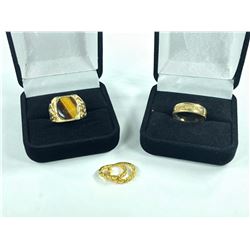 3 PCS TOTAL: 1- ONE 14KT YELLOW GOLD NATURAL TIGERS EYE GENTS RING, FLUSH SEMI BEVEL SET WITH ONE
