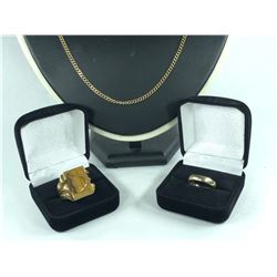 3 PCS TOTAL: 1- ONE 10KT YELLOW GOLD WEDDING RING, 4.30MM WIDE, WEIGHS 3.50 GRAMS REPLACEMENT VALUE