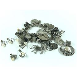 5 PCS TOTAL: 1-  ONE ROUND STERLING SILVER CHARM BRACELET, LINK STYLE WITH 24 STERLING SILVER AND