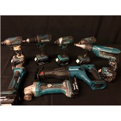 LOT OF ASSORTED MAKITA 18 VOLT CORDLESS TOOLS: DRILL, 3 IMPACT DRILLS, DRYWALL DRILL, 2 GRINDERS,