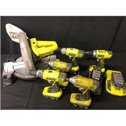 RYOBI LASER GUIDED MITRE SAW & 5 RYOBI 18 VOLT CORDLESS DRILL WITH 7 BATTERIES & 2 CHARGERS