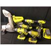 Image 1 : RYOBI LASER GUIDED MITRE SAW & 5 RYOBI 18 VOLT CORDLESS DRILL WITH 7 BATTERIES & 2 CHARGERS