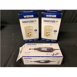2 WEISER SMARTCODE LOCKS AND DREMEL 100 TOOL