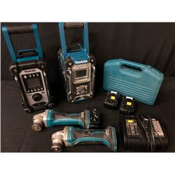 PAIR OF MAKITA JOB SITE RADIOS, 2 CORDLESS GRINDERS, 3 BATTERIES & CHARGER