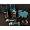 Image 1 : PAIR OF MAKITA JOB SITE RADIOS, 2 CORDLESS GRINDERS, 3 BATTERIES & CHARGER