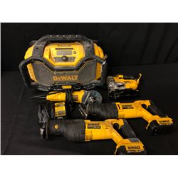 PAIR OF DEWALT CORDLESS SAWZALLS, JIGSAW, CORDED GRINDER, JOB SITE RADIO, 2 BATTERIES & CHARGER