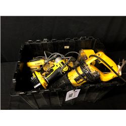 BIN OF ASSORTED DEWALT CORDLESS & CORDED POWER TOOLS