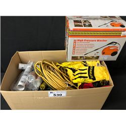 BOX WITH ASSORTED EXTENSION CORDS, SEALANT, WORK GLOVES & ELECTRIC PRESSURE WASHER