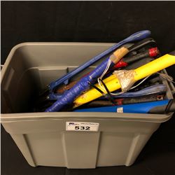 BIN OF ASSORTED BOLT CUTTERS, PIPE WRENCH, CROW BARS & MORE