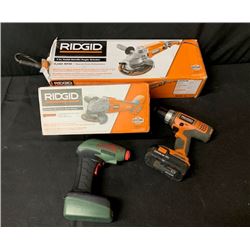 LOT OF 2 RIDGID ANGLE GRINDERS, CORDLESS DRILL AND AIR DRAGON 12V TIRE INFLATOR
