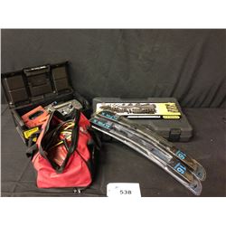 BAG OF STANLEY SOCKET SET, STANLEY TOOL BOX WITH ASSORTED TOOLS, JUMPER CABLE SET AND WINDSHIELD